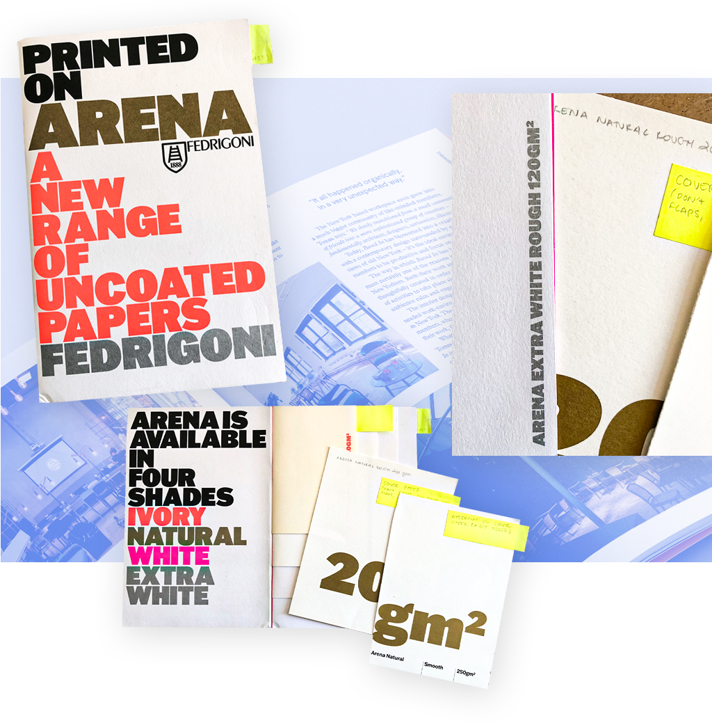 Fedrigoni Arena paper for balanced weight, pages feel and reading experience.